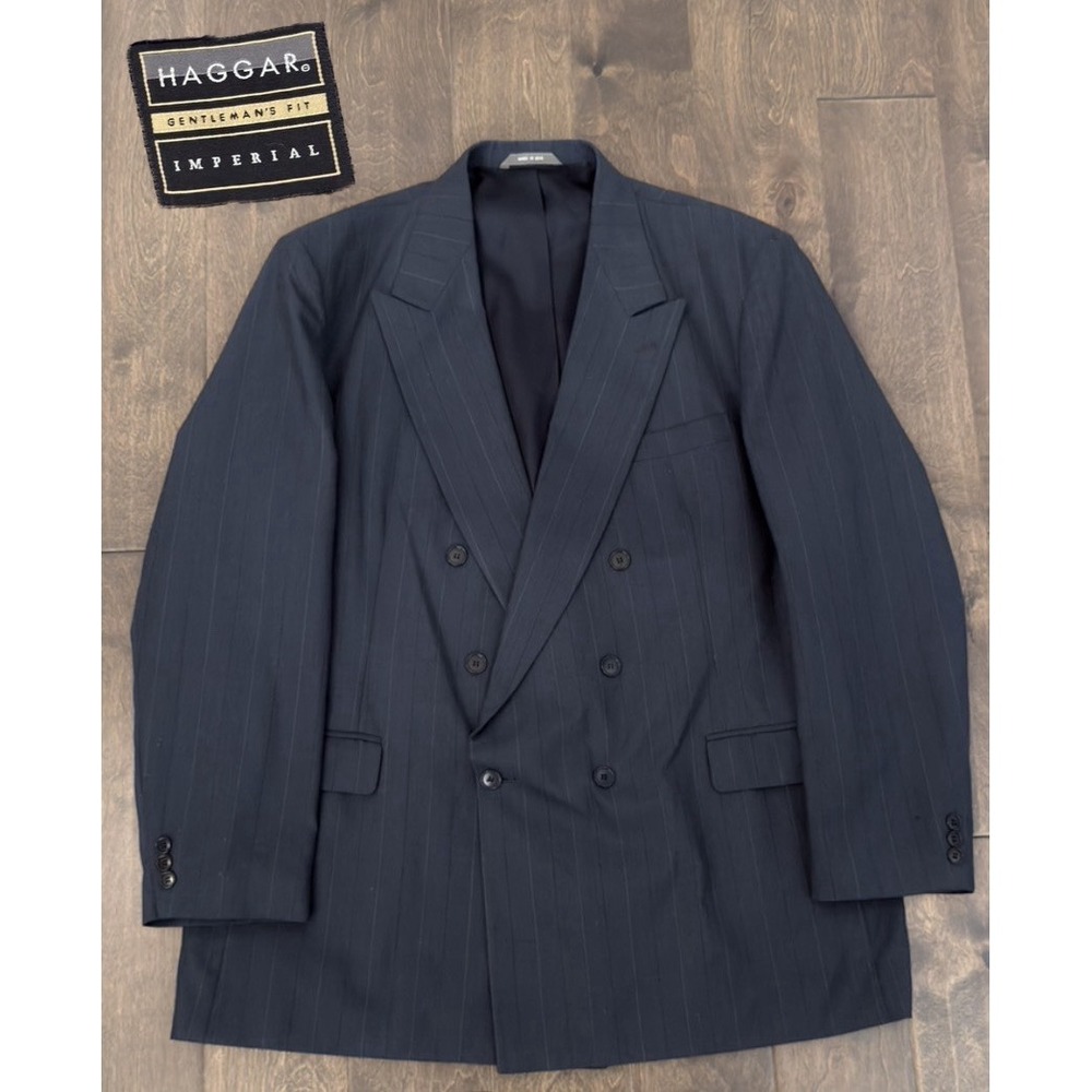 VTG Haggar Imperial Double Breasted Blazer 46L Blue Pin Stripe Jacket USA Made